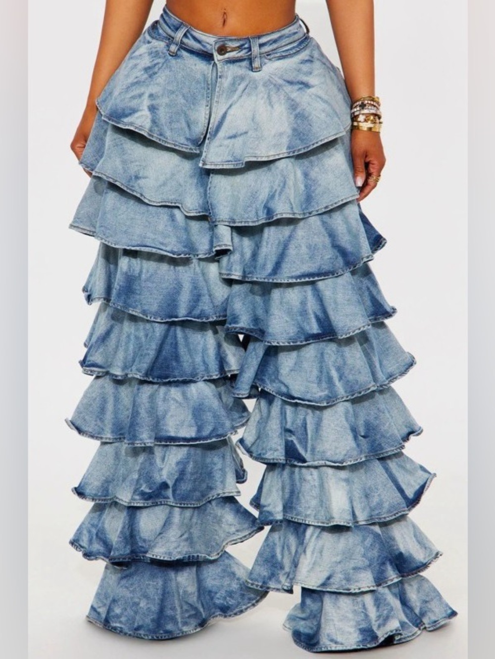 Tiered Ruffle Light Wash Denim Pants